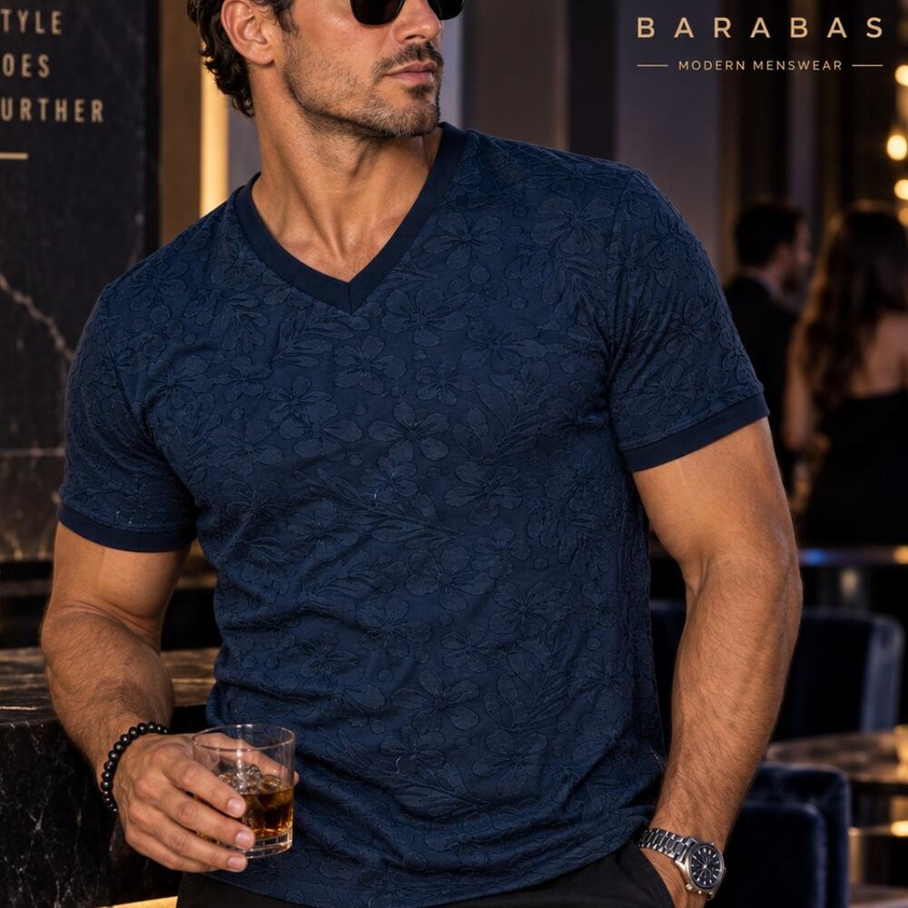 BARABAS Mens 2XL Floral Textured V Neck Shirt Navy Blue Stretch Y2K Clubwear